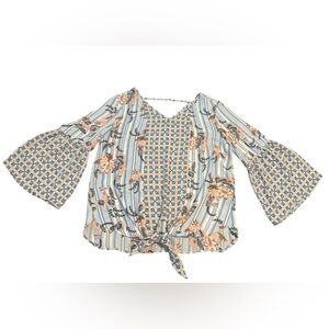 Zac & Rachel Floral Blue and Pink Bell Sleeve Tie Front Blouse